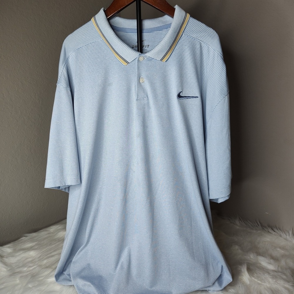 Nike Golf Polo Shirt Mens XXL Light Blue Striped Dri-FIT Short Sleeve Swoosh